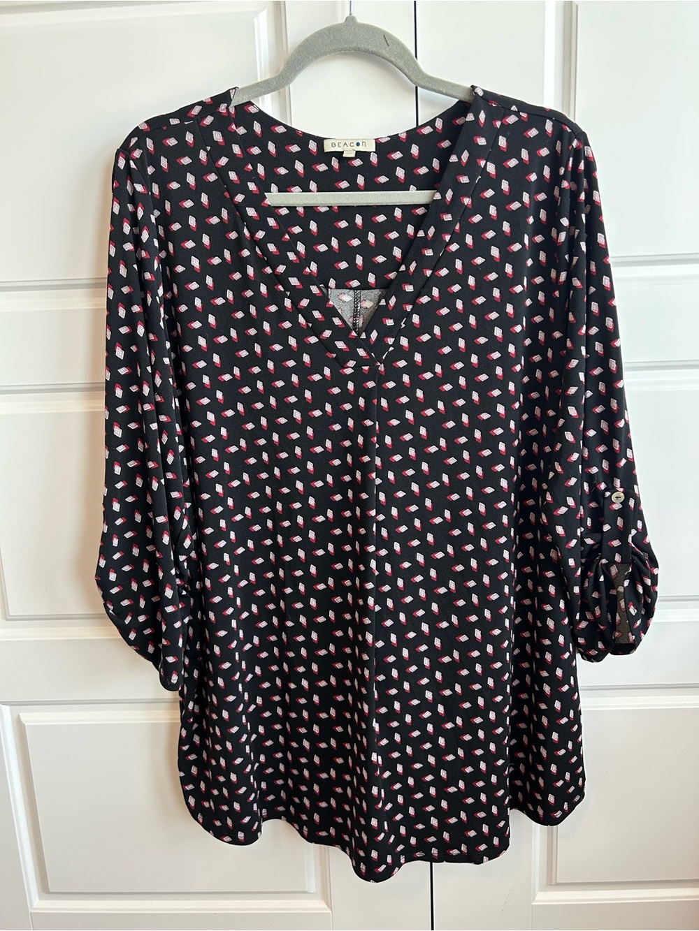 Beacon Black V-Neck Top with Red & White Geo Motif